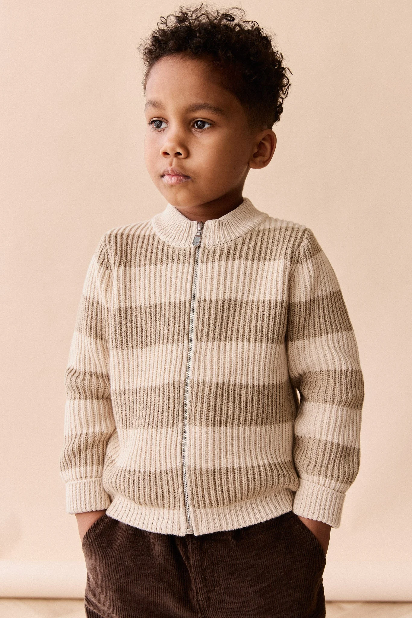 Idris Knit Zip Cardigan - Wide Stripe Rye/Buff - Image 3