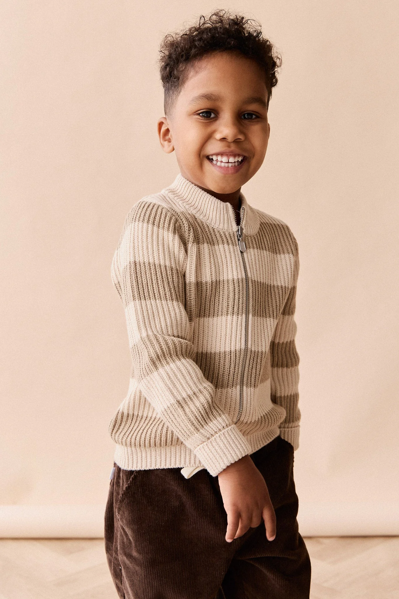Idris Knit Zip Cardigan - Wide Stripe Rye/Buff - Image 4