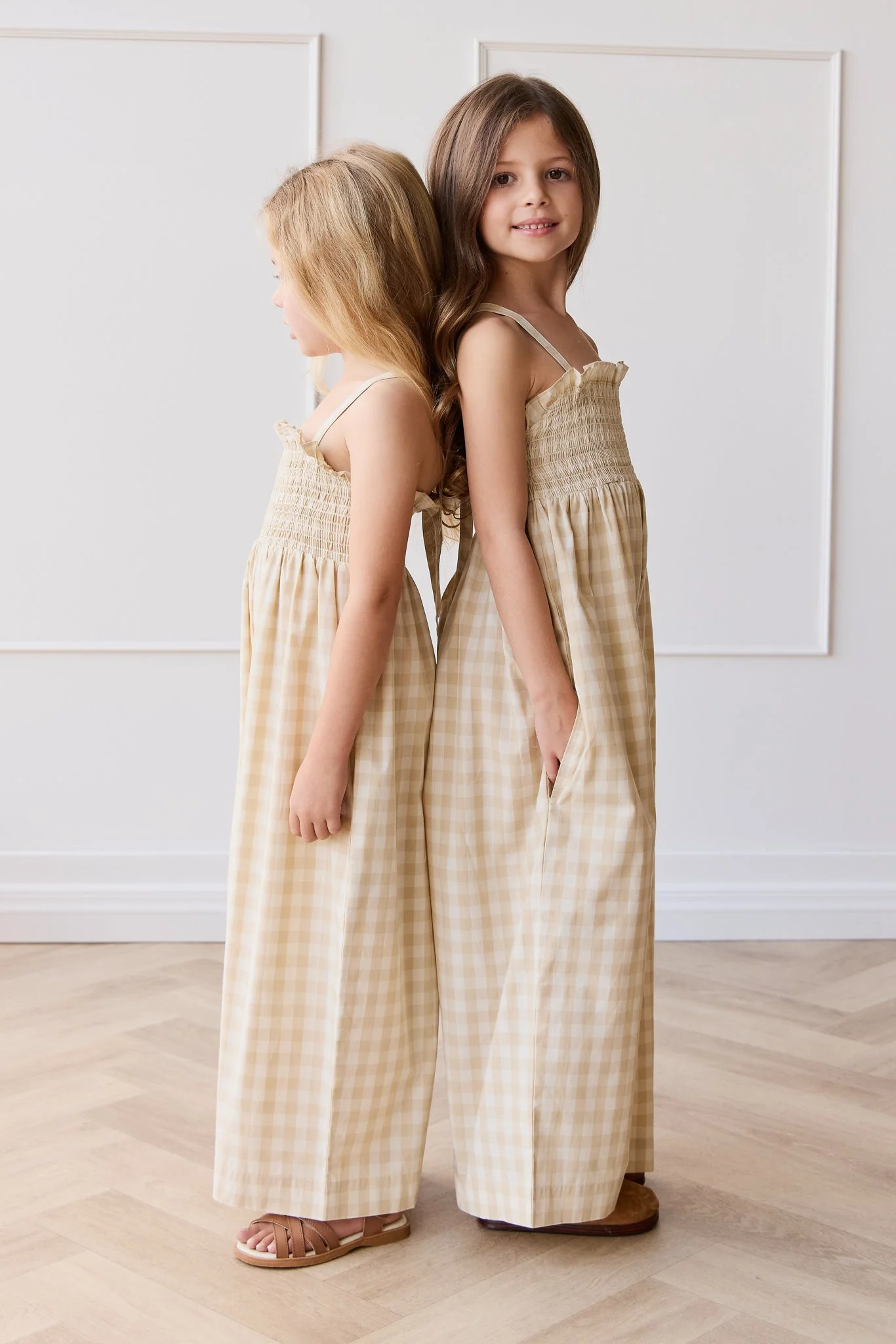 Organic Cotton Arabella Jumpsuit - Gingham Pale Khaki - Image 3