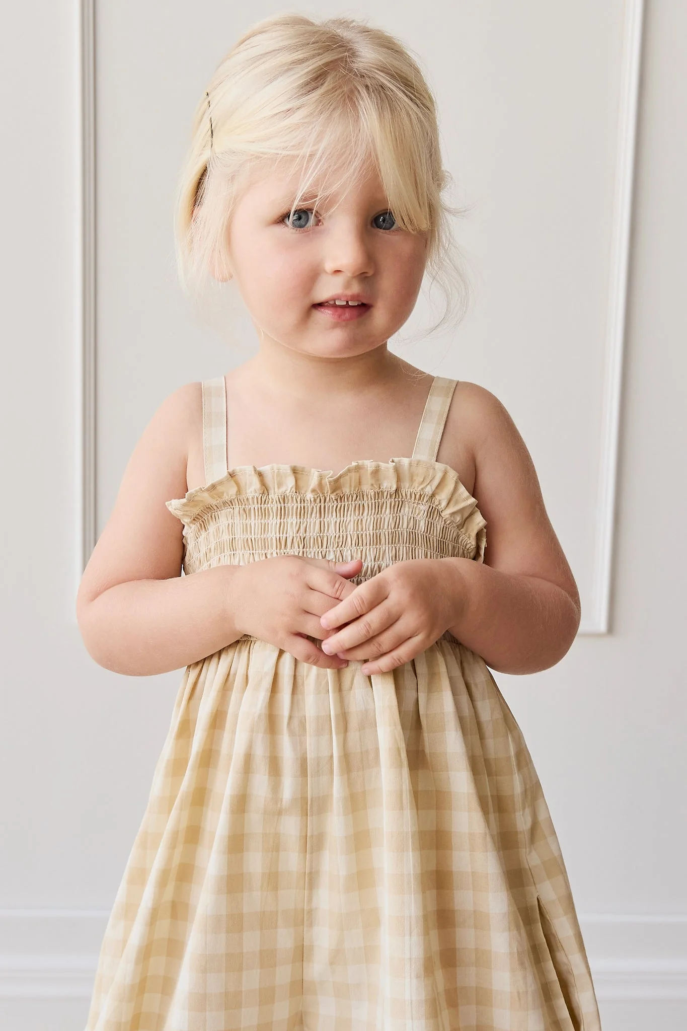 Organic Cotton Arabella Jumpsuit - Gingham Pale Khaki - Image 4