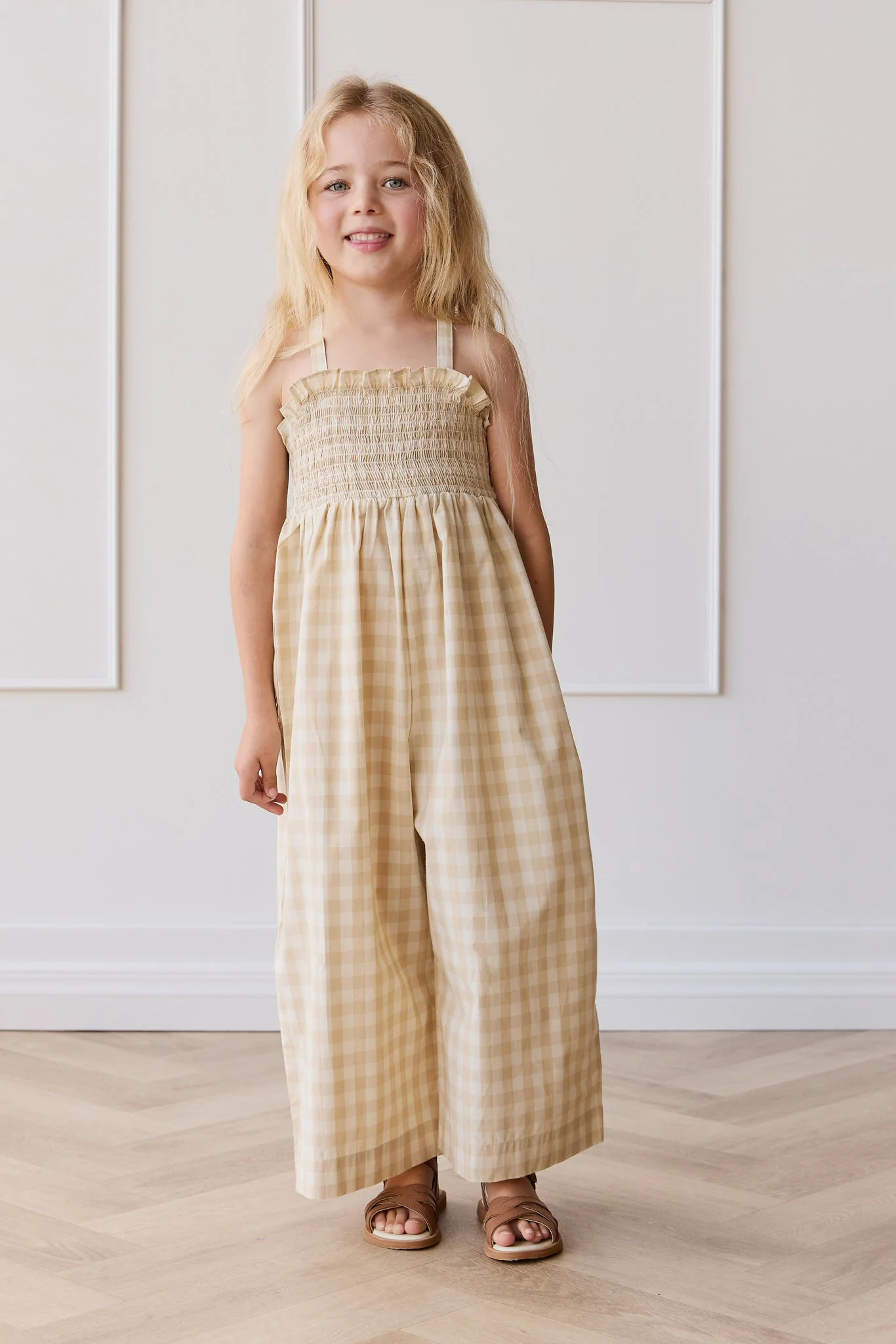 Organic Cotton Arabella Jumpsuit - Gingham Pale Khaki - Image 5