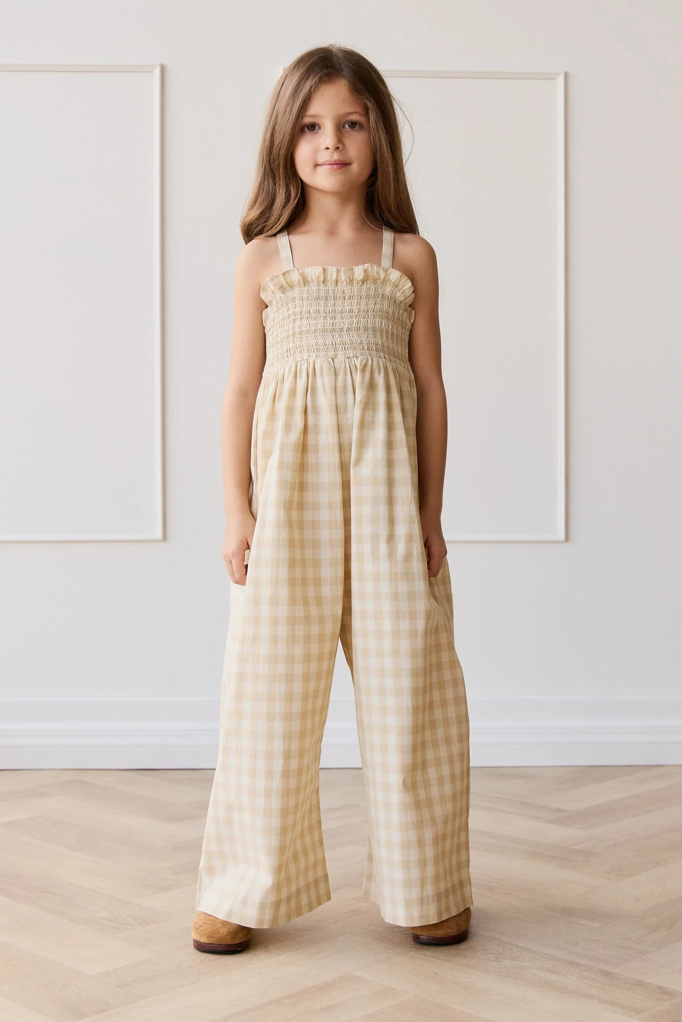 Organic Cotton Arabella Jumpsuit - Gingham Pale Khaki - Image 8