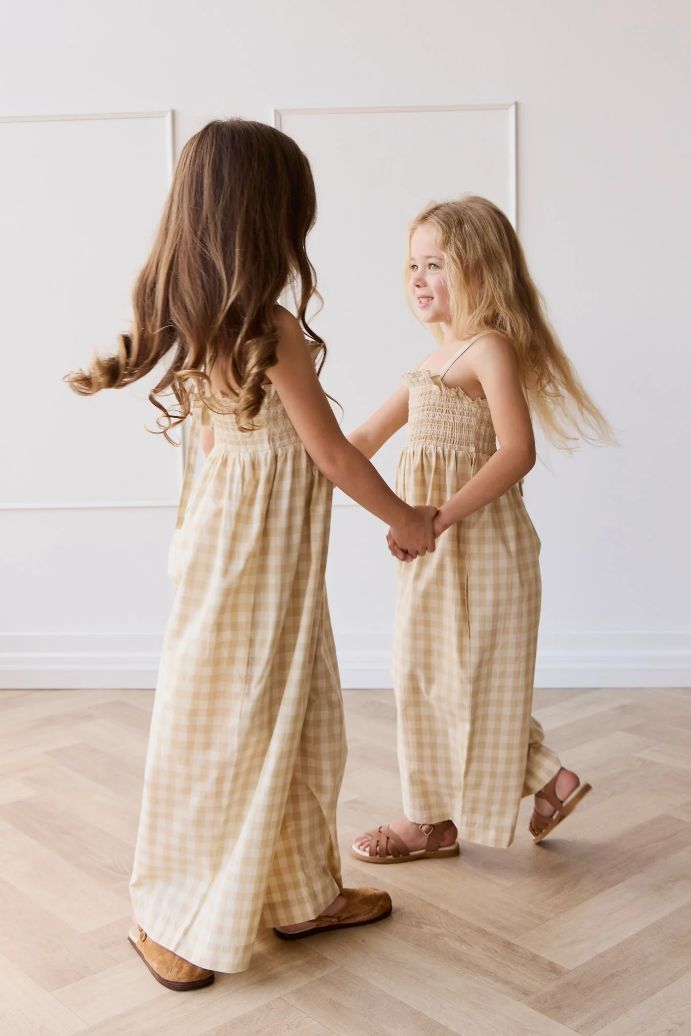 Organic Cotton Arabella Jumpsuit - Gingham Pale Khaki - Image 9