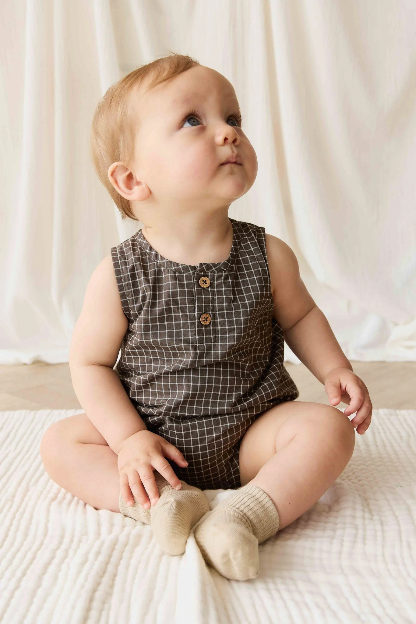 Organic Cotton Archie Playsuit - Coffee Grid - Image 3