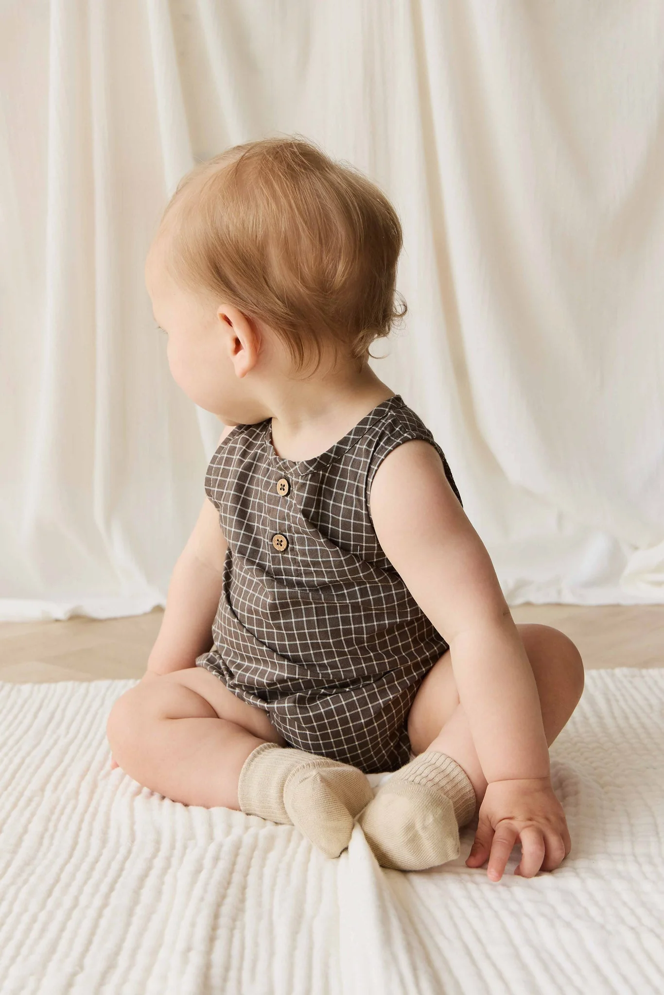 Organic Cotton Archie Playsuit - Coffee Grid - Image 4