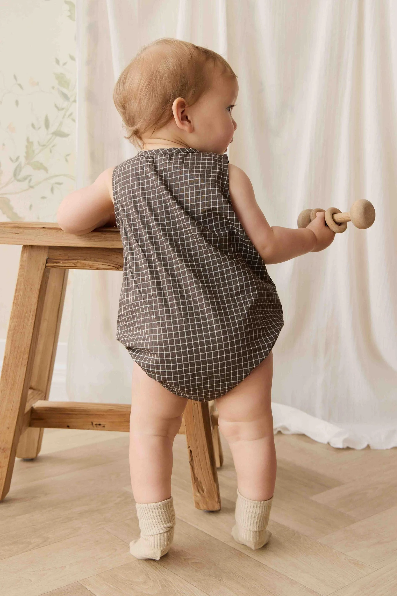 Organic Cotton Archie Playsuit - Coffee Grid - Image 5