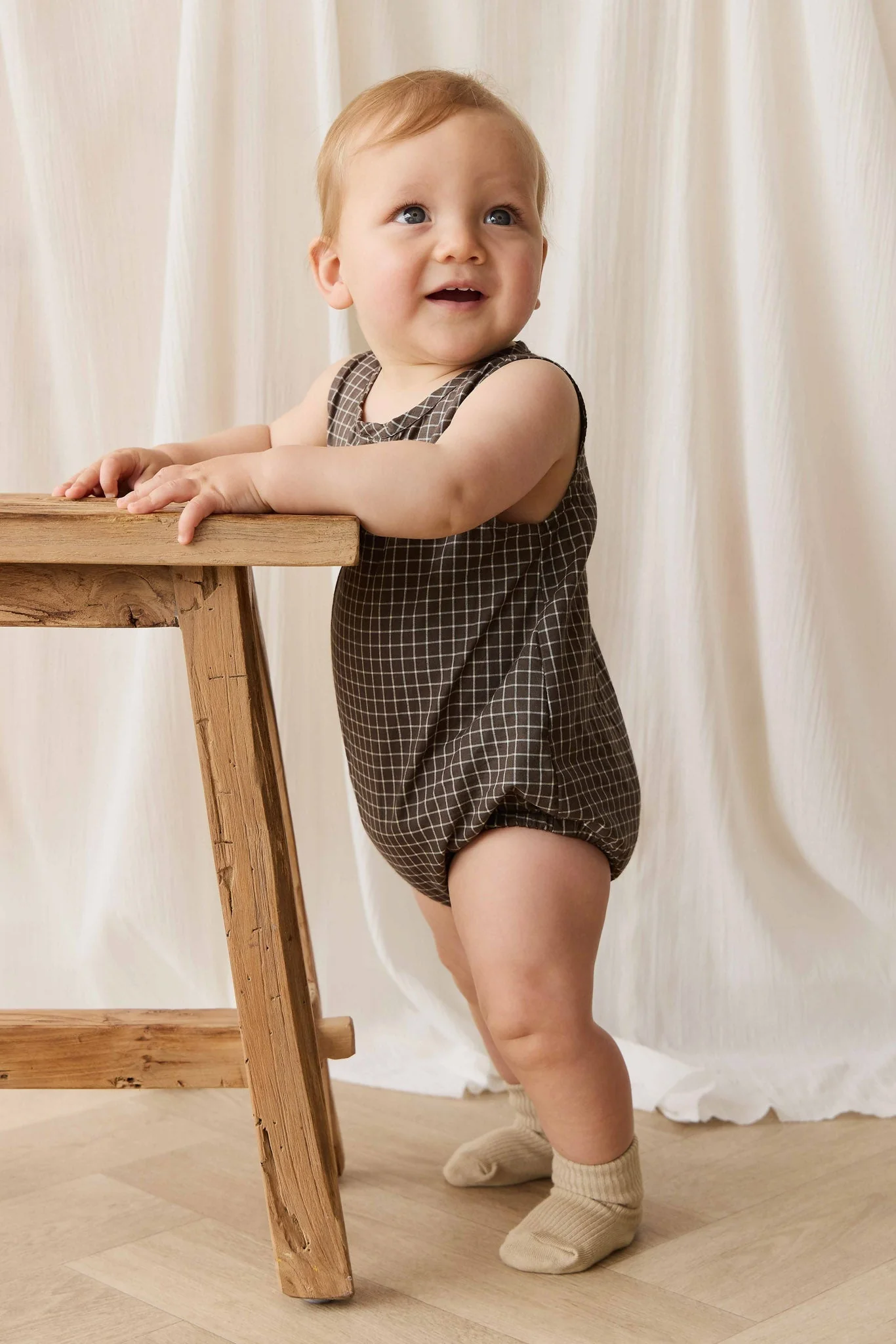 Organic Cotton Archie Playsuit - Coffee Grid - Image 6