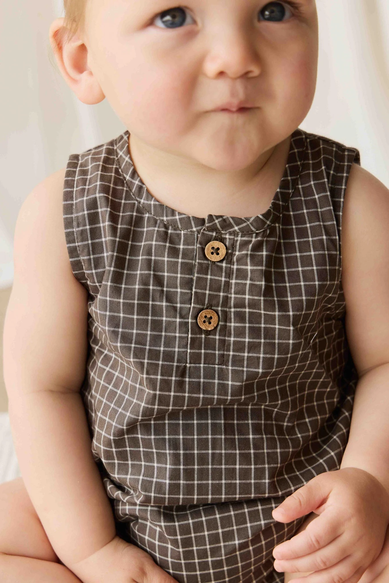 Organic Cotton Archie Playsuit - Coffee Grid - Image 7