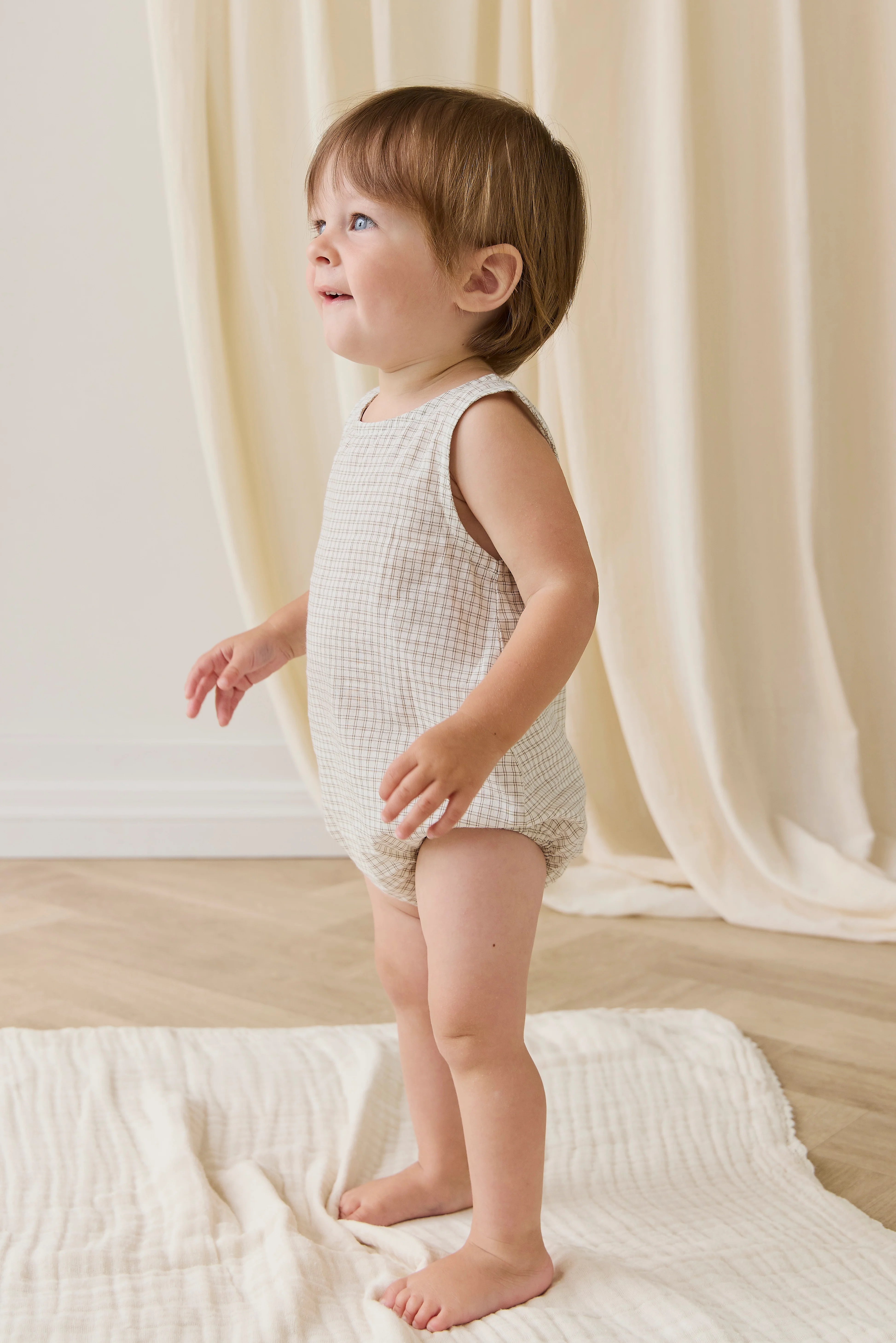 Organic Cotton Bentley Playsuit-Double Windowpane Check Pecan - Image 3