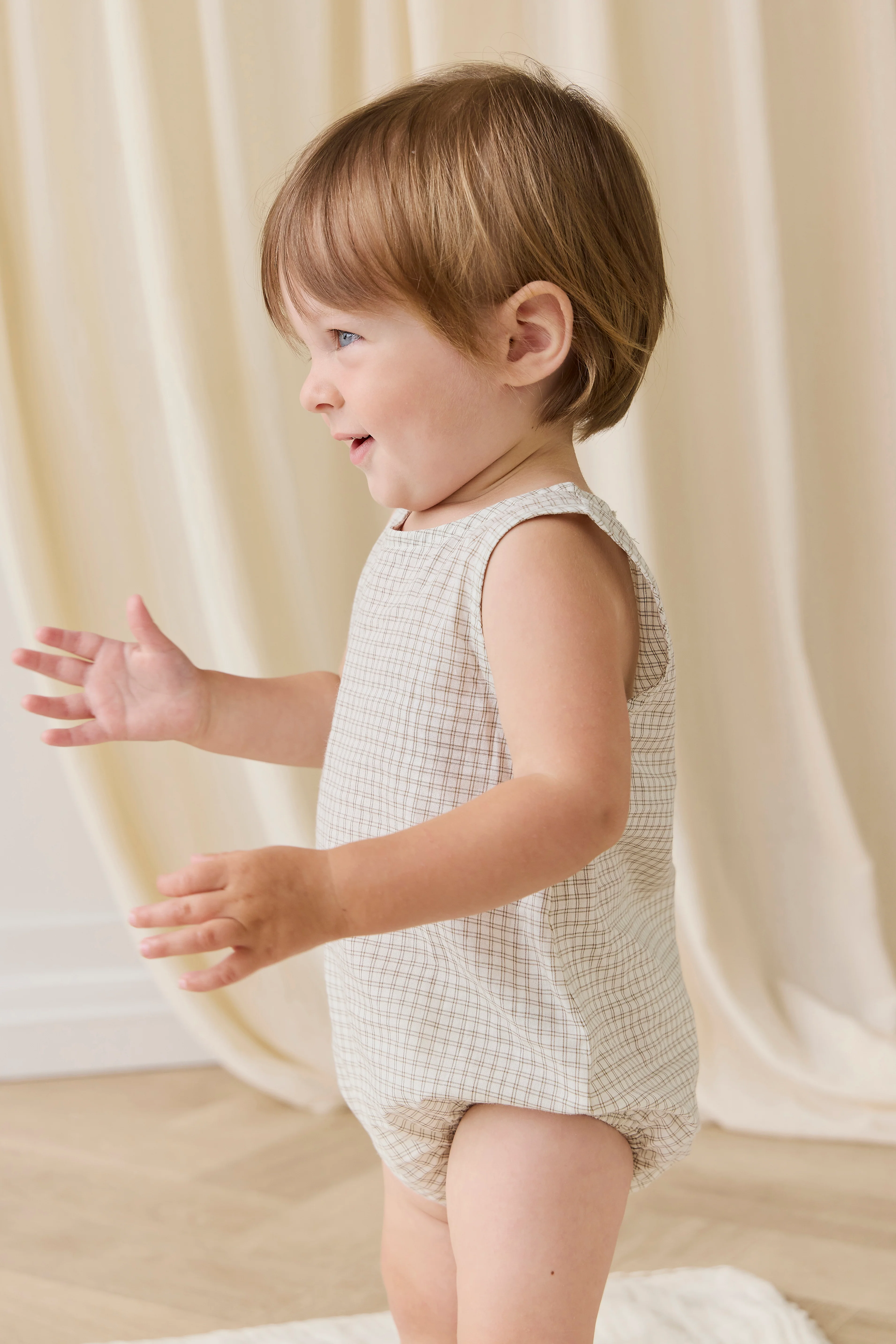 Organic Cotton Bentley Playsuit-Double Windowpane Check Pecan - Image 4