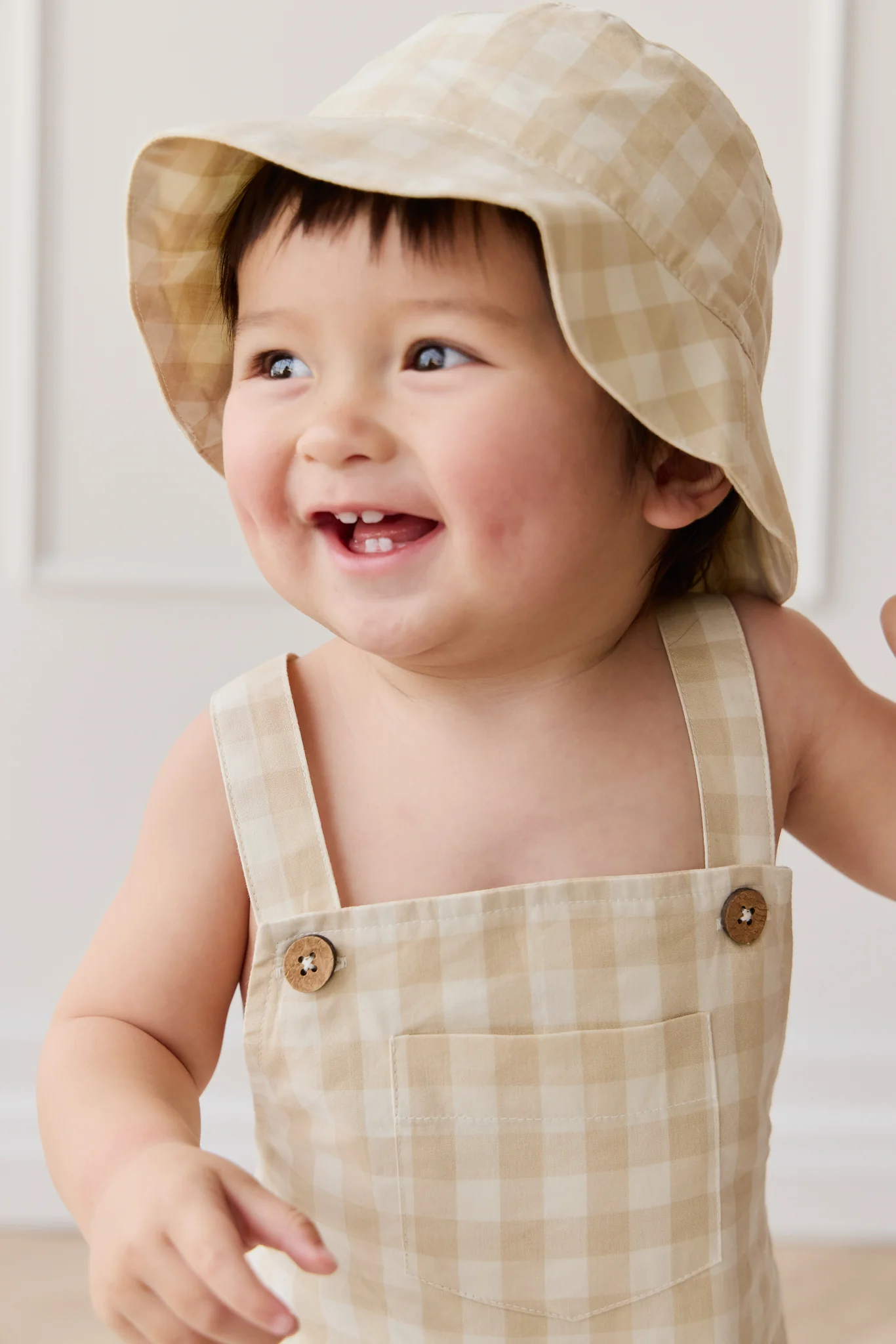 Organic Cotton Bucket Hat - Gingham Pale Khaki - Image 3