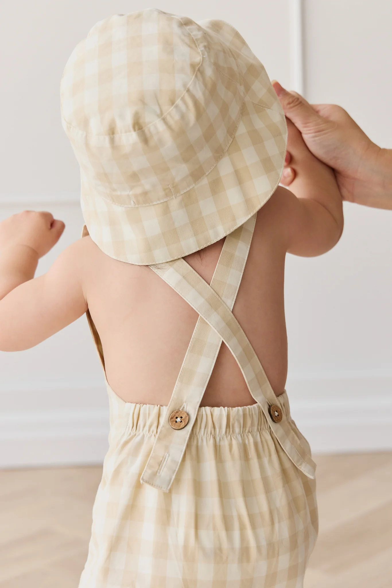 Organic Cotton Bucket Hat - Gingham Pale Khaki - Image 4