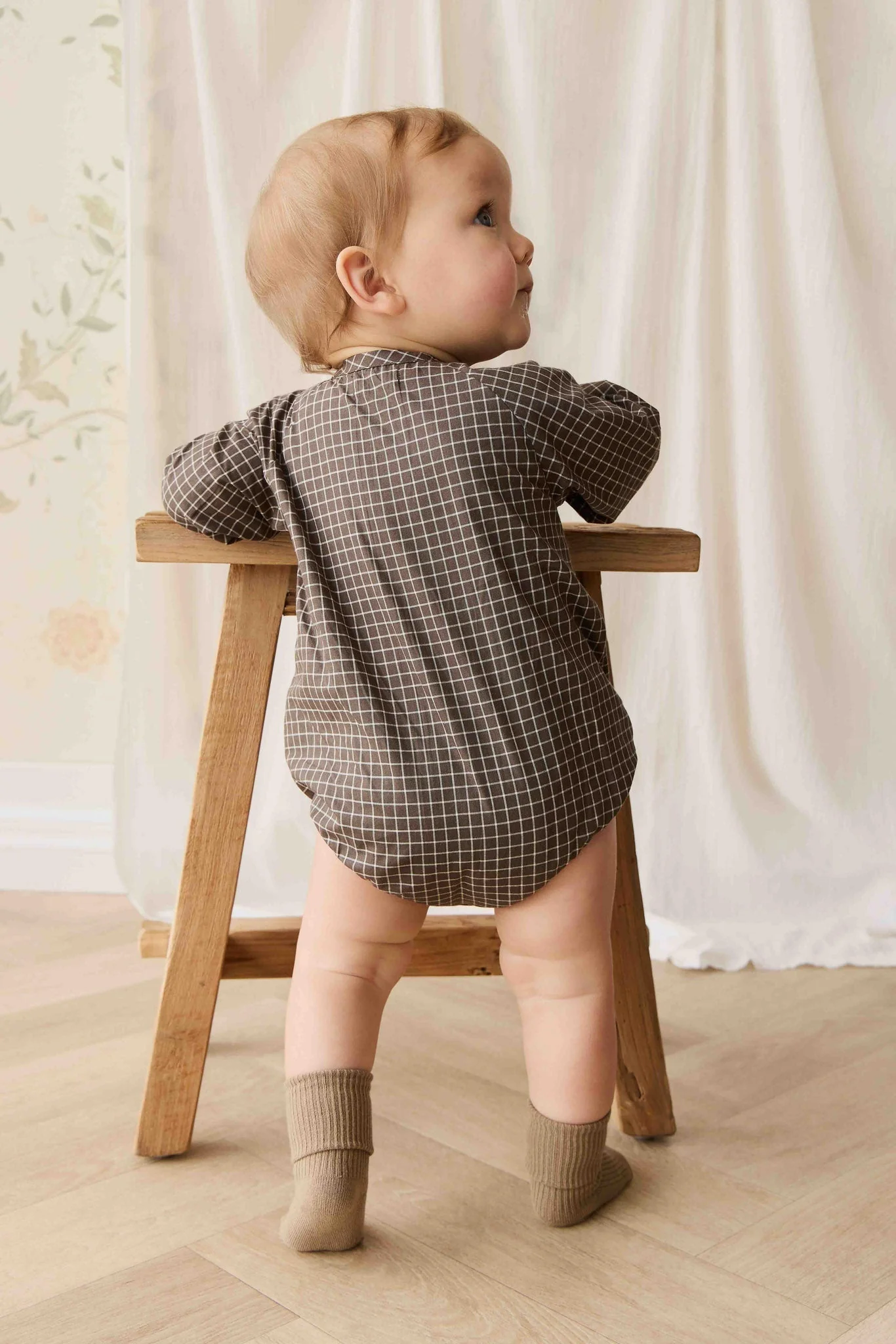 Organic Cotton Ellis Playsuit - Coffee Grid - Image 3