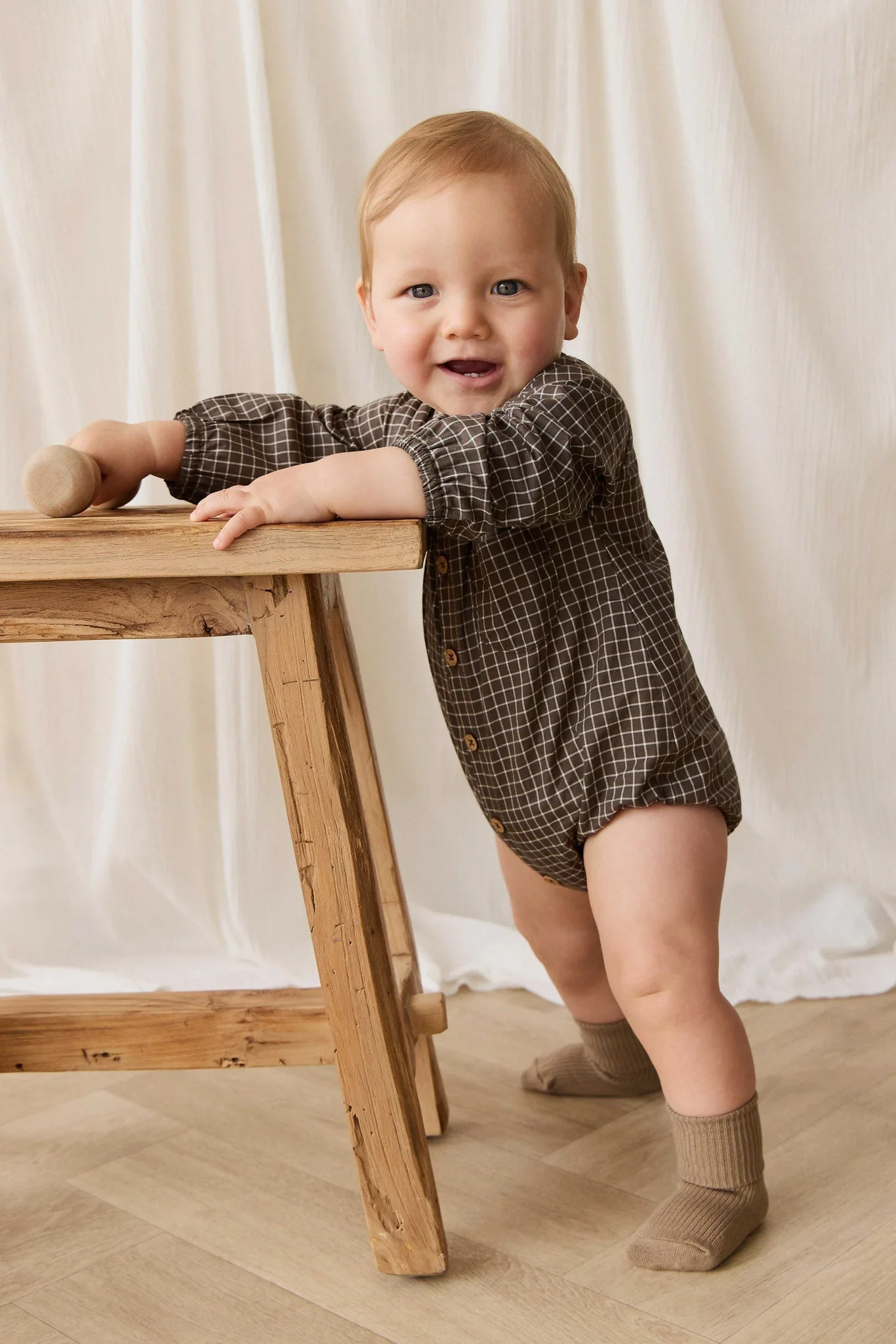 Organic Cotton Ellis Playsuit - Coffee Grid - Image 4