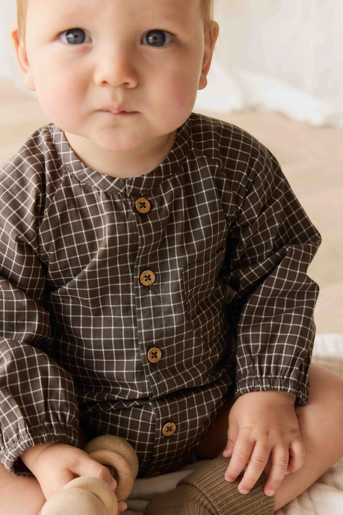 Organic Cotton Ellis Playsuit - Coffee Grid - Image 5