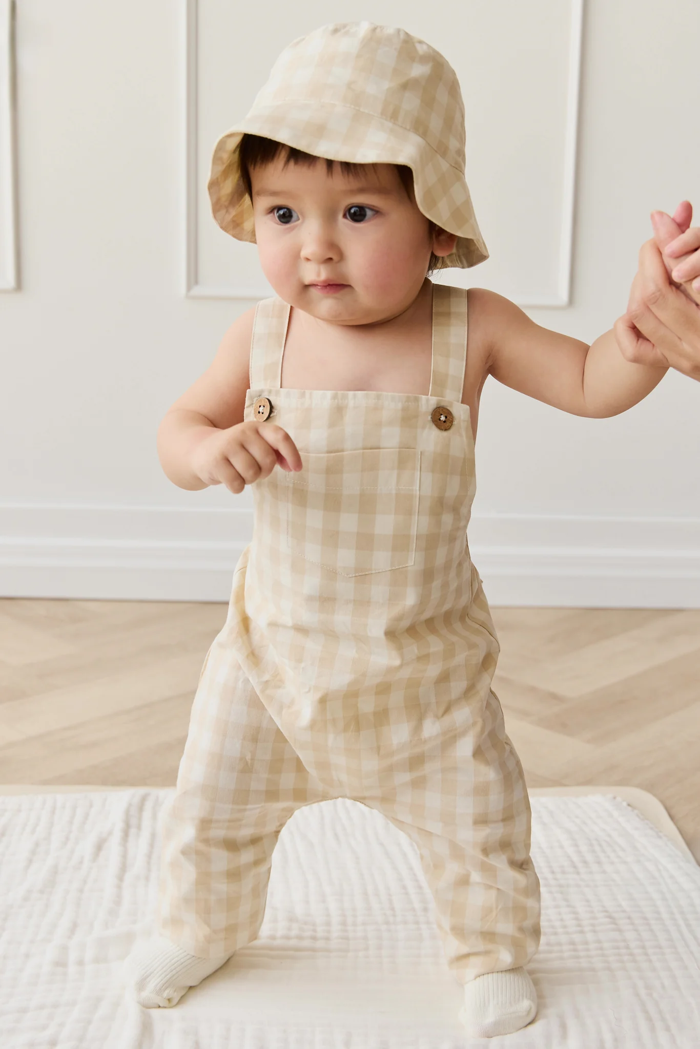 Organic Cotton Kingston Overall - Gingham Pale Khaki - Image 3