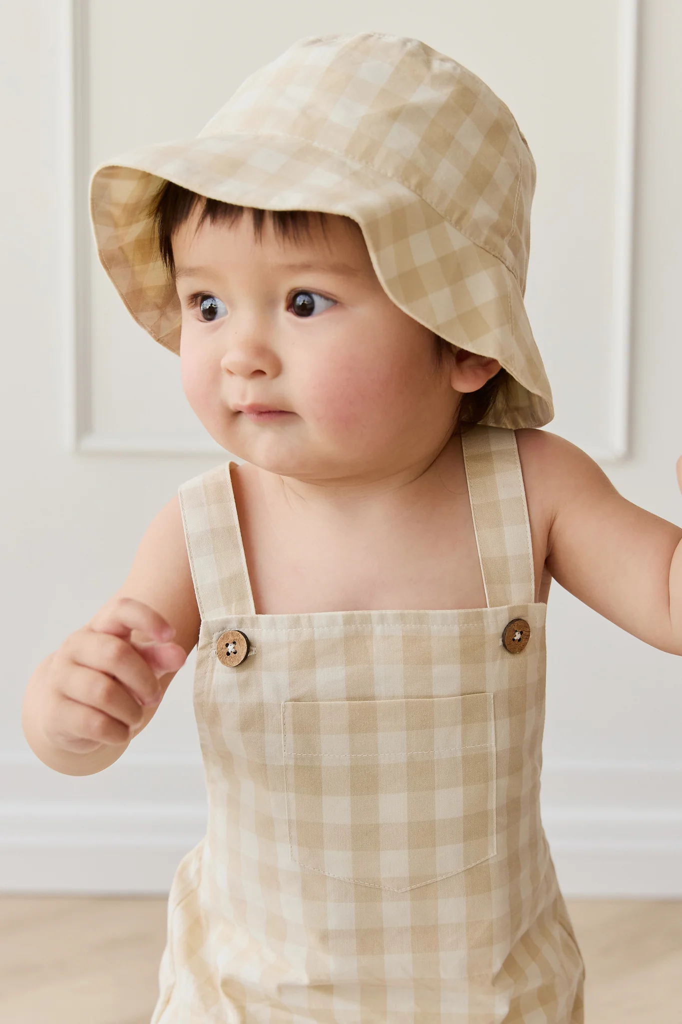 Organic Cotton Kingston Overall - Gingham Pale Khaki - Image 4