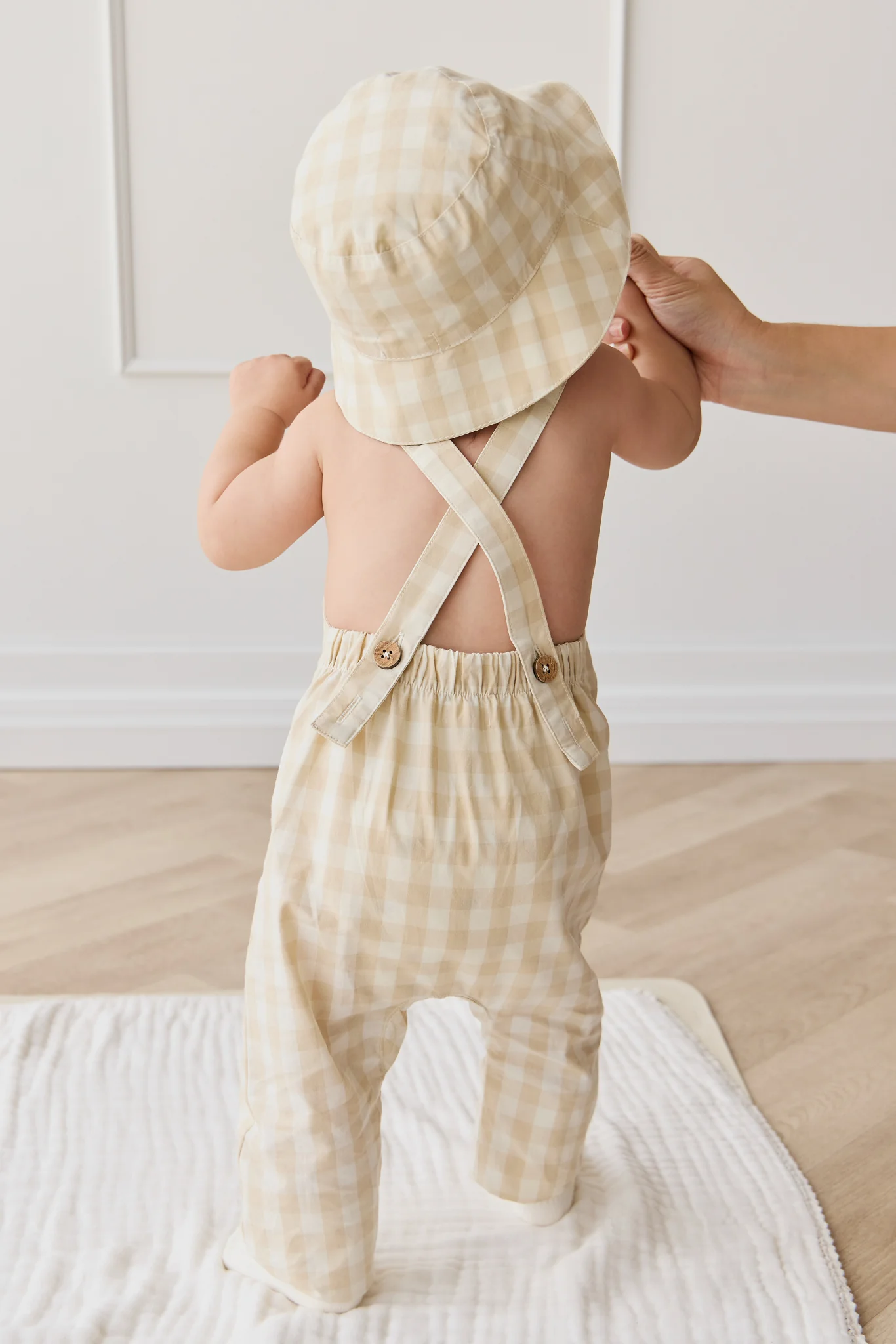Organic Cotton Kingston Overall - Gingham Pale Khaki - Image 5