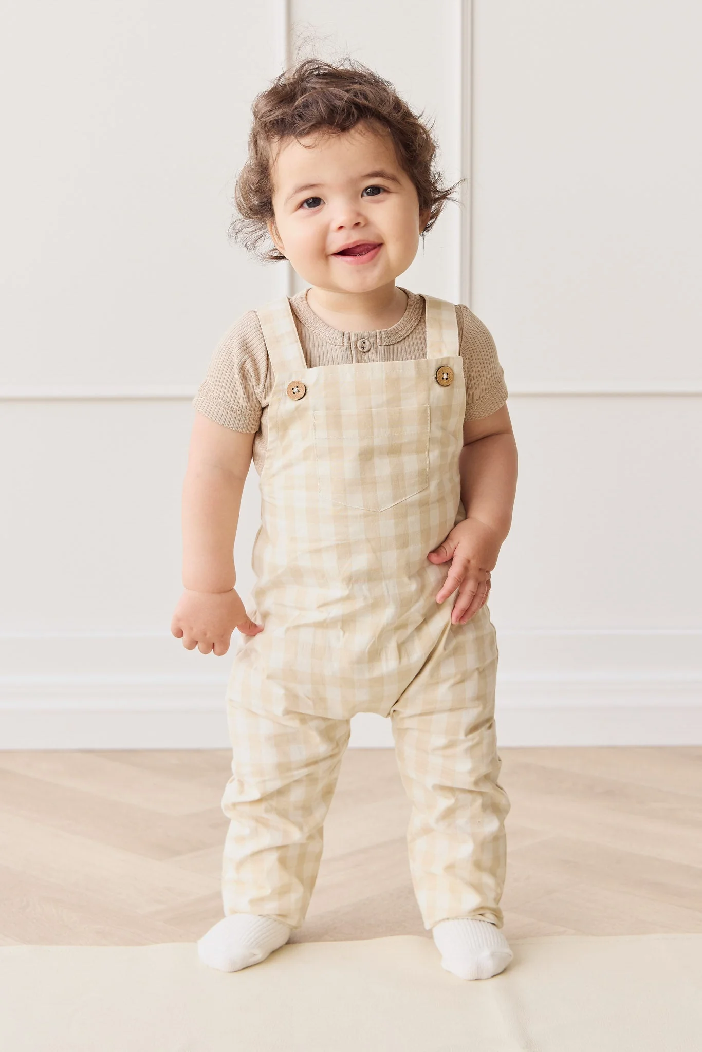 Organic Cotton Kingston Overall - Gingham Pale Khaki - Image 6