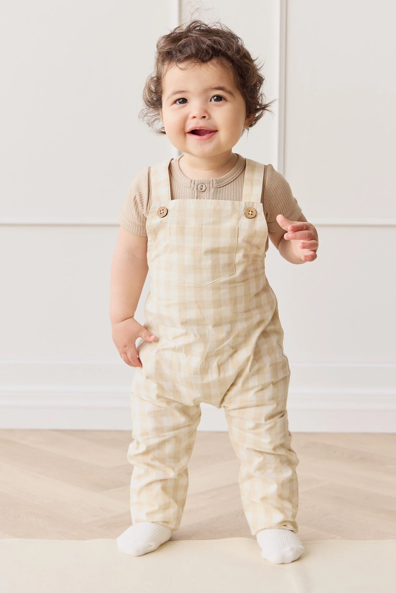 Organic Cotton Kingston Overall - Gingham Pale Khaki - Image 7