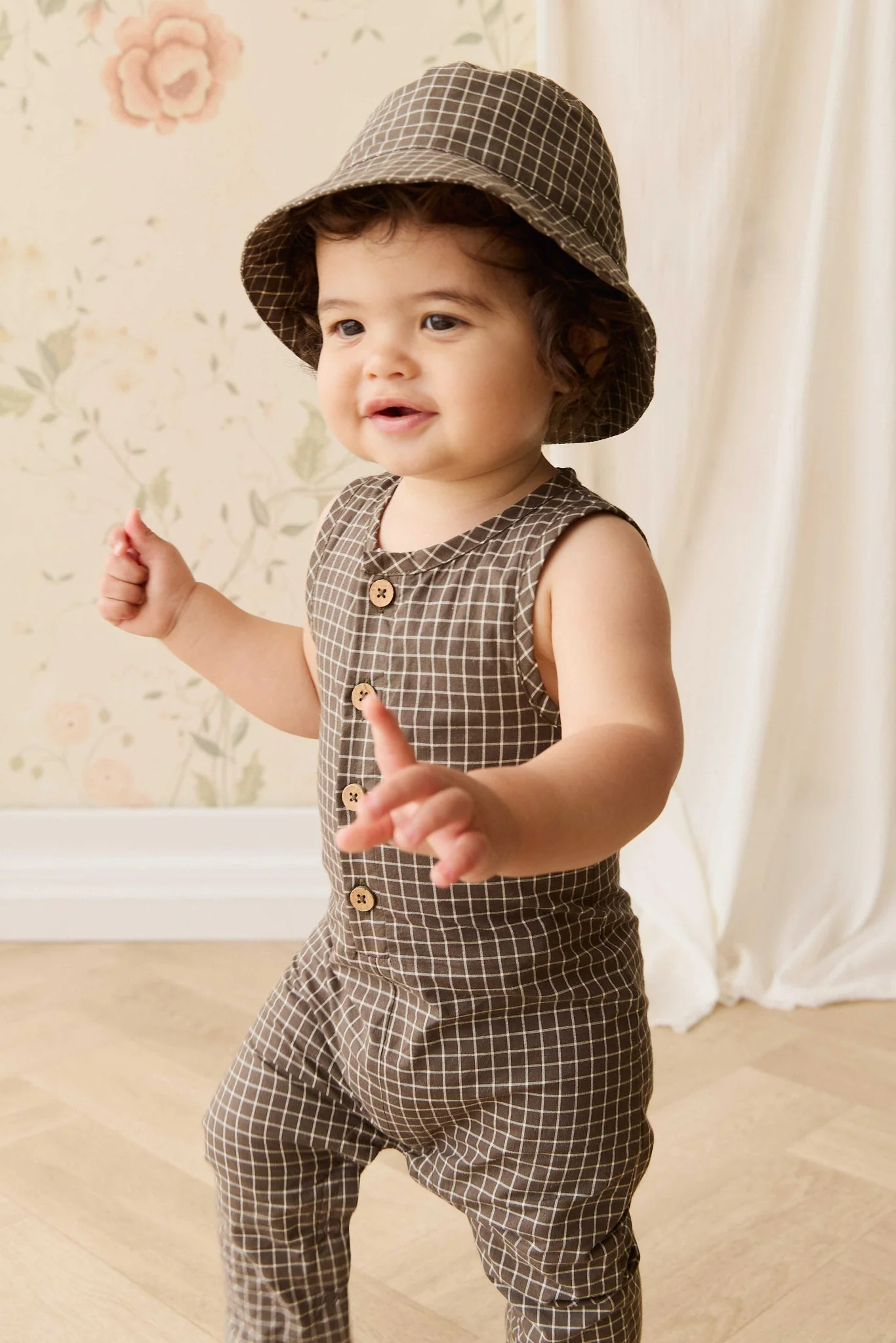 Organic Cotton Milo Jumpsuit - Coffee Grid - Image 3