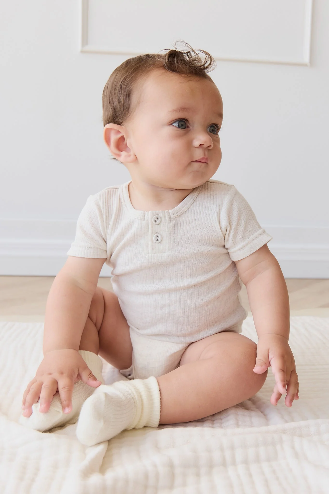 Organic Cotton Modal Darcy Rib Tee Bodysuit - Oatmeal Marle - Image 5