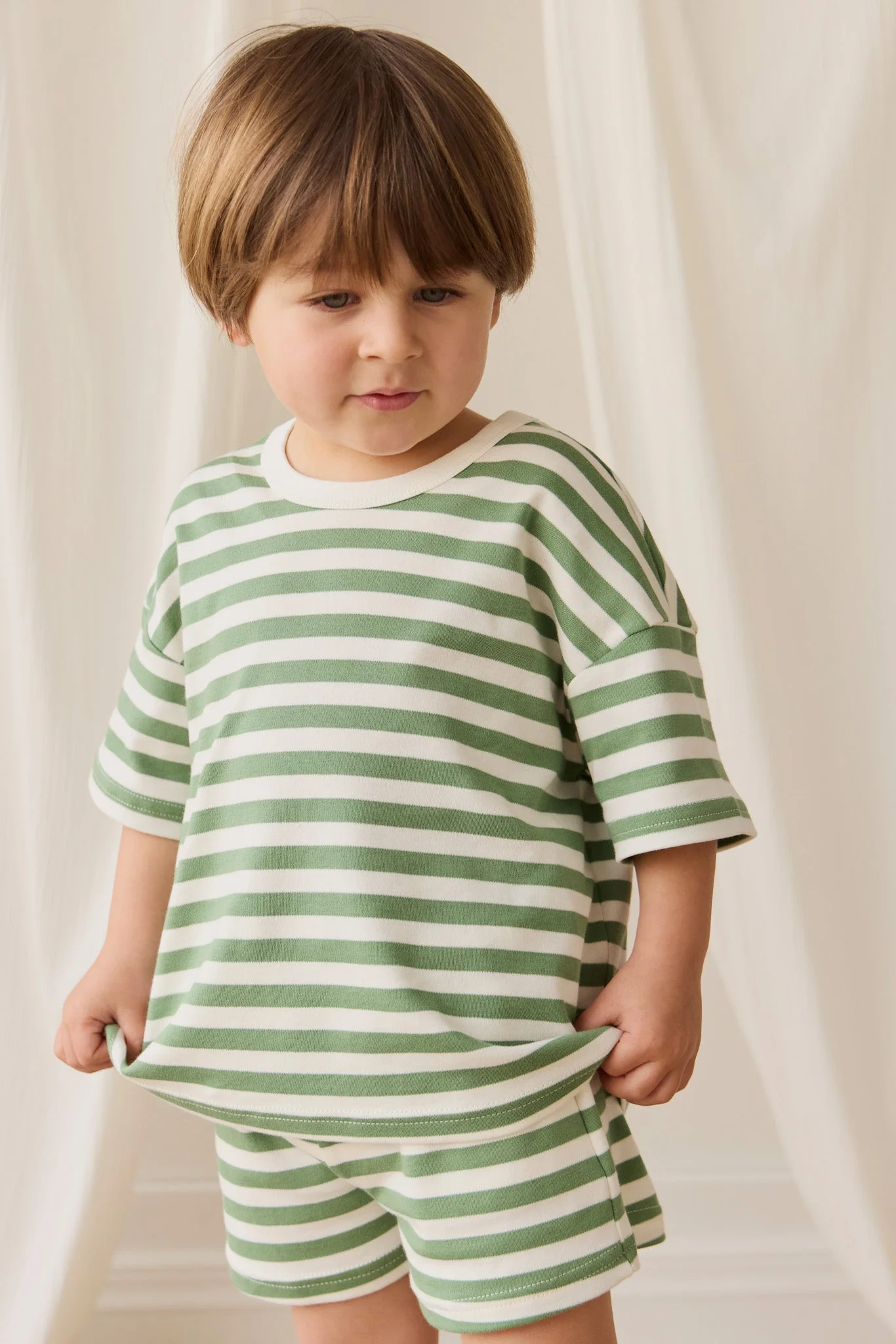 Pima Cotton Wesley Short - Essential Stripe Parchment/Snow Pea - Image 3